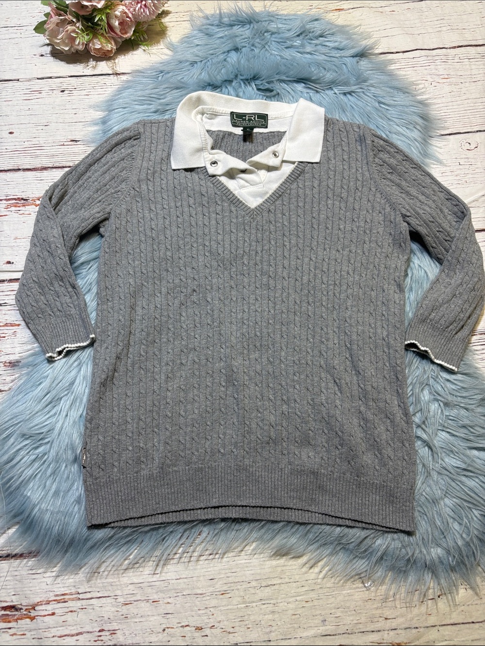 LRL Lauren Active Ralph Lauren Cable Knit V-Neck Sweater with White Polo Collar